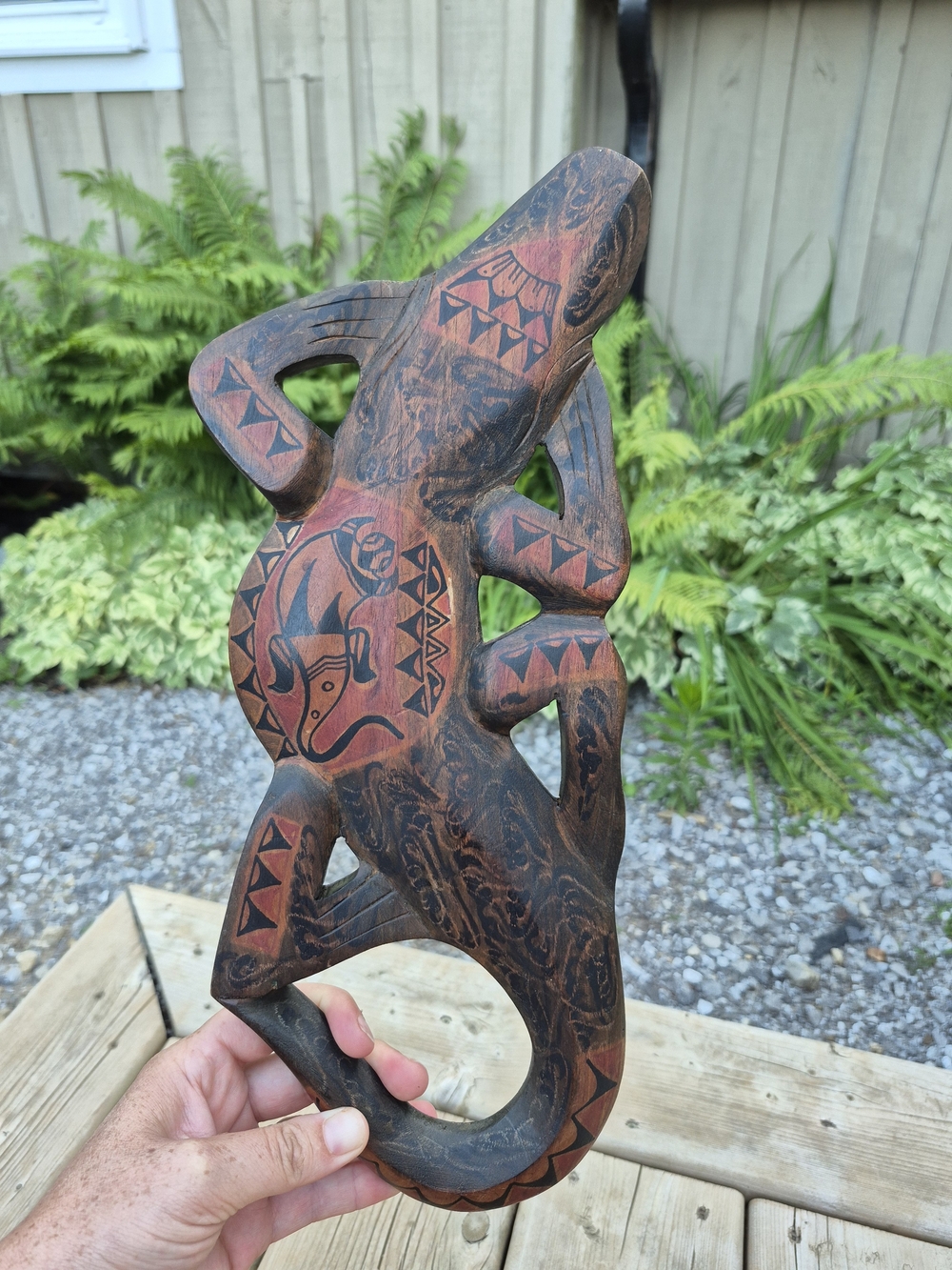 Vintage Hand Carved Wood Lizard Gecko Wall Art Tribal Style Medallion Plaque